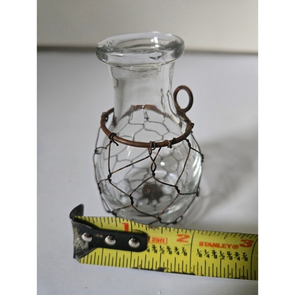 Mini Bud Vase Dainty Glass with Wire Mesh Accent / Hanging Loop Rustic Artistic - Picture 3 of 4